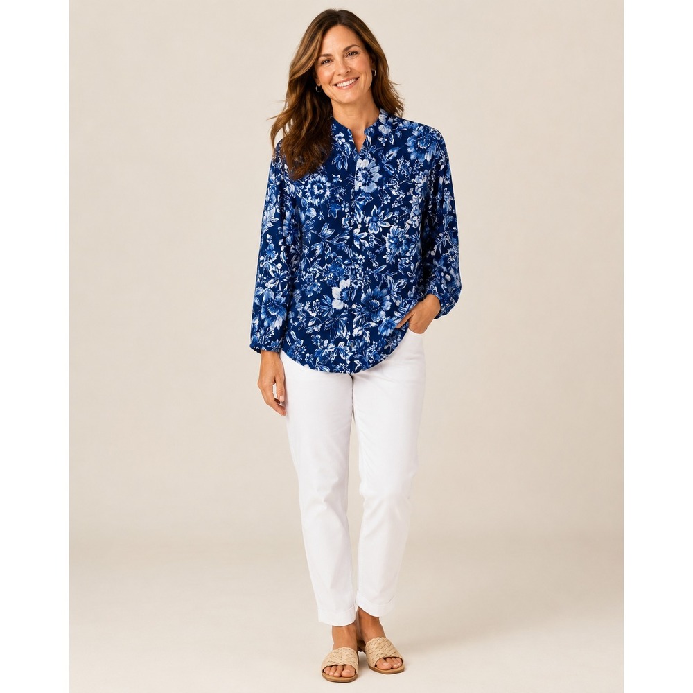 Lauren Ralph Lauren Button Front Shirt Womens Small‎ Blue Floral Cotton Viscose
